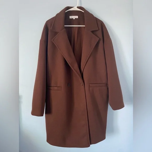 We Wore what Chocolate Brown Oversized Dropped Shoulder Faux Wool Jacket Coat - Picture 3 of 10